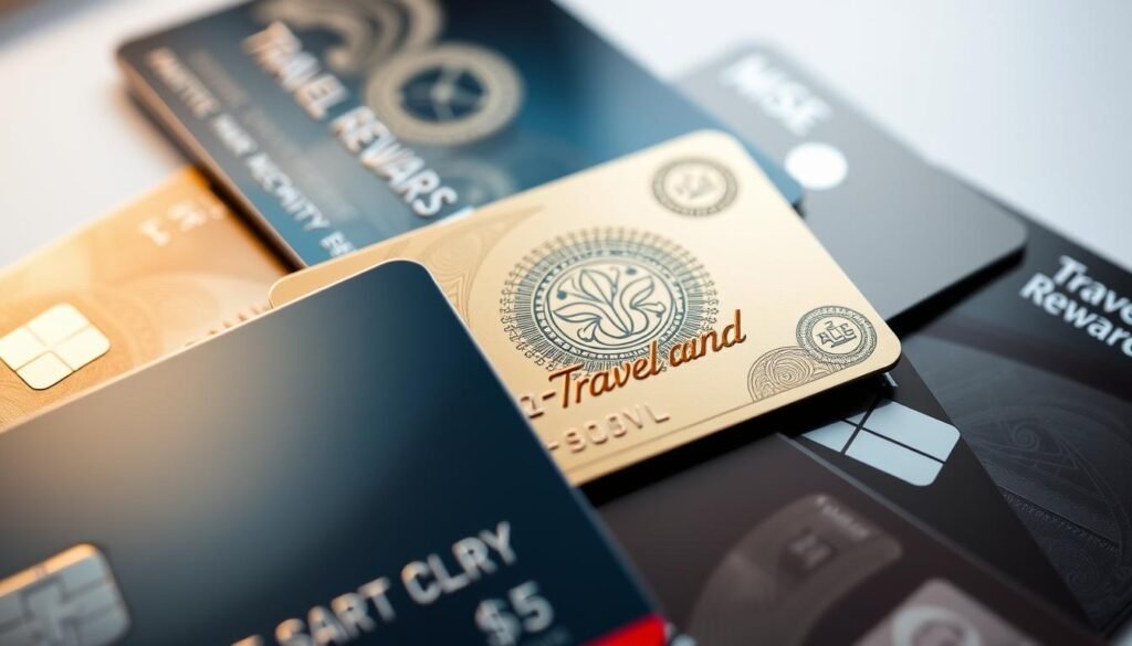 A close-up view of several glossy travel rewards credit cards arranged in an overlapping, layered composition. The cards feature intricate metallic designs, reflective surfaces, and distinct logos that represent different travel rewards programs. The cards are set against a soft, out-of-focus background with a subtle gradient, creating a sense of depth and a premium, high-end aesthetic. The lighting is carefully positioned to highlight the texture and details of the cards, casting subtle shadows and highlights. The overall mood is one of sophistication, luxury, and the promise of rewarding travel experiences.