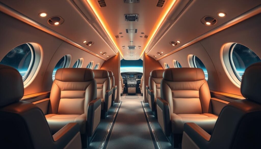 A spacious, luminous cabin interior with elegant leather seats and soft ambient lighting. The middle aisle leads to a sleek, modern galley and the cockpit beyond. The wide windows offer a panoramic view of the starry night sky and the curvature of the Earth below. The overall atmosphere evokes a sense of luxury, comfort, and the thrill of international travel. A high-quality wide-angle lens captures the scene with a crisp, cinematic quality.