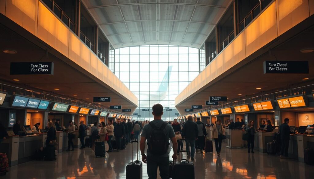 A bustling airport terminal with rows of fare class counters, each with distinct signage and branding. In the foreground, a lone traveler stands before a counter, surrounded by a sea of luggage and the hustle of other passengers. Warm, directional lighting illuminates the scene, casting shadows that accentuate the architectural elements. The middle ground features the various fare class stations, each with their own distinctive designs and queues of passengers. In the background, the terminal's high ceilings and expansive windows provide a sense of scale and a glimpse of the airplanes outside. The overall atmosphere conveys the thrum of activity and the subtle tension of navigating the complexities of airline travel as a solo passenger.
