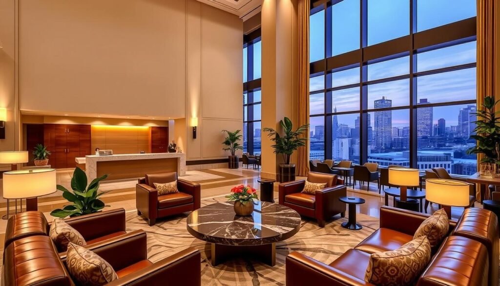 A luxurious hotel lobby and lounge with high ceilings, elegant furnishings, and a warm, inviting atmosphere. Plush leather armchairs and sofas surround a large, marble-topped coffee table, complemented by potted plants and soft, ambient lighting. In the background, a concierge desk stands ready to assist guests, while large windows offer a picturesque view of a bustling city skyline. The space exudes a sense of exclusivity and premium hospitality, catering to the needs of discerning travelers.