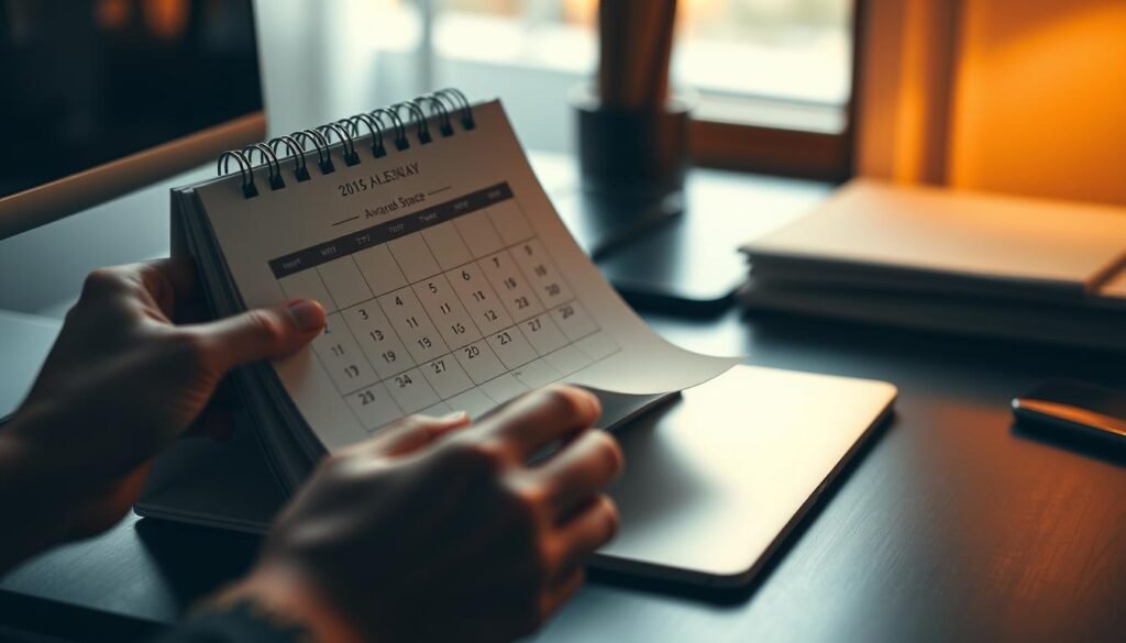 A meticulously crafted calendar, illuminated by warm, ambient lighting, sits atop a sleek, contemporary desk. The calendar's pages display a grid of dates, elegantly designed with a muted color palette that evokes a sense of sophistication. In the foreground, a pair of hands delicately turn the pages, hinting at the hidden award space patterns within the calendar's pages, waiting to be uncovered. The composition is captured through a shallow depth of field, creating a soft, dreamlike atmosphere that invites the viewer to explore the hidden treasures of this seemingly ordinary object.