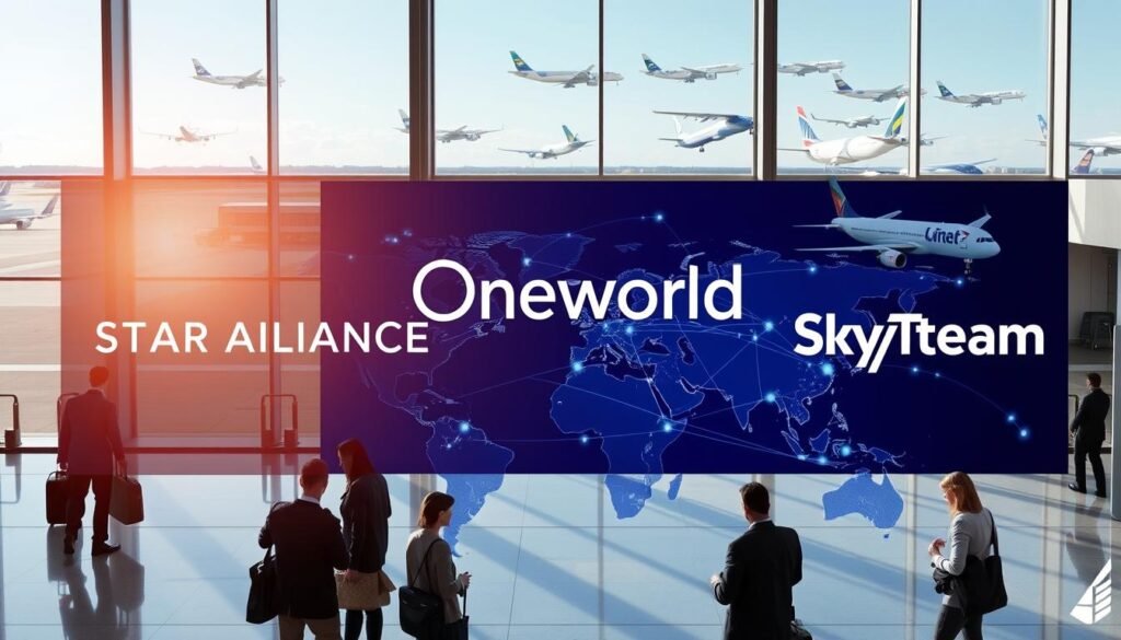 A modern, brightly lit airport terminal with large windows overlooking the tarmac. In the foreground, a group of business travelers in suits and casual attire gather around a digital display showcasing the logos of major airline alliances - Star Alliance, Oneworld, and SkyTeam. The middle ground features a dynamic visualization of airline routes connecting major hubs across the globe, with pulsing lines and data streams illustrating the interconnectivity of these global partnerships. In the background, commercial airliners from various alliance member airlines taxi and take off, underscoring the scale and significance of these collaborative networks for international air travel.