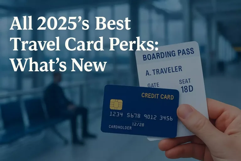A hand holds a boarding pass and a credit card in an airport. Text reads: Fall 2025’s Best Travel Card Perks: What’s New and What’s Actually Useful. chase ultimate rewards and travel credit cards make every trip smoother. A person sits blurred in the background.