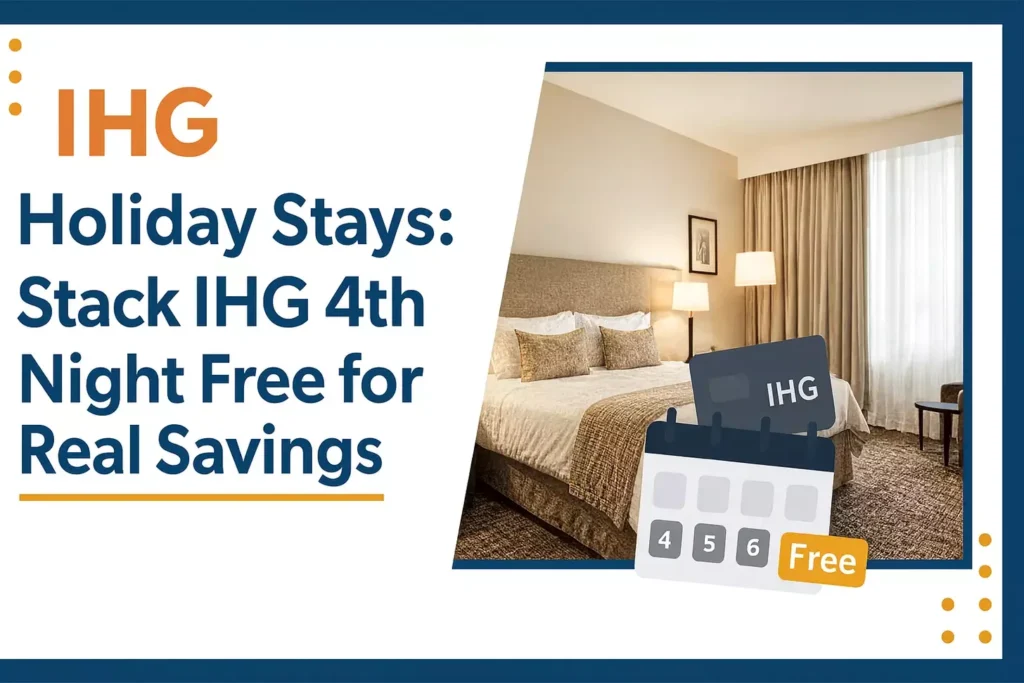 Advertisement for Holiday Stays: Stack IHG 4th Night Free for Real Savings. The image features a cozy hotel room, warm lighting, and an illustration of a calendar with an ihg one rewards card to highlight exclusive one rewards savings.