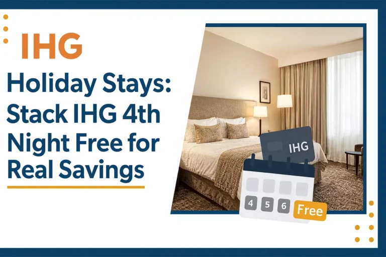 Holiday Stays: Stack IHG 4th Night Free for Real Savings Advertisement for Holiday Stays: Stack IHG 4th Night Free for Real Savings. The image features a cozy hotel room, warm lighting, and an illustration of a calendar with an ihg one rewards card to highlight exclusive one rewards savings.