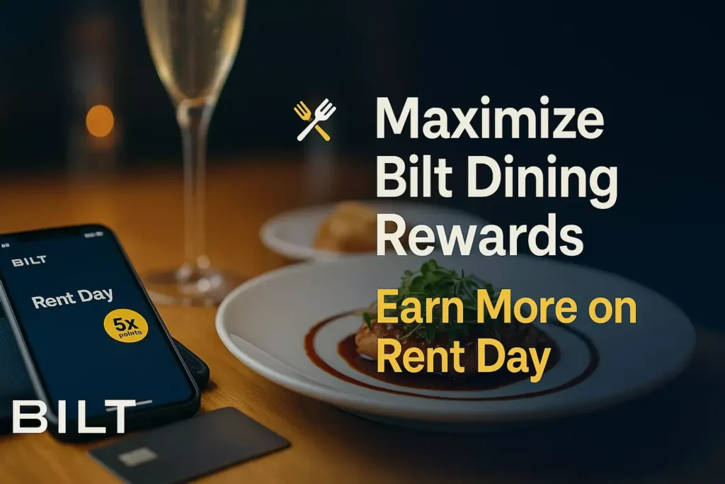 A phone displaying “Rent Day 5x points” sits next to a plate of food and glass of champagne. Text reads: “Maximize Bilt Dining Rewards—earn Bilt points faster during the statement period. Earn more on Rent Day.” BILT logo is in the corner.