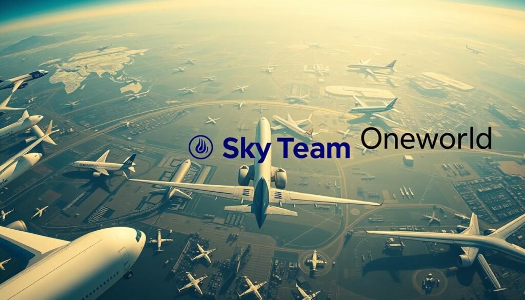 Striking visual representation of the three major global airline alliances, captured in a seamless, panoramic composition. In the foreground, the iconic logos of Star Alliance, SkyTeam, and Oneworld stand out in sharp, vibrant detail, emblazoned on the fuselages of their respective member airlines. The middle ground features a diverse fleet of aircraft in harmonious formation, representing the scale and scope of each alliance's worldwide network. The background showcases a sweeping, cinematic vista of international airports, bustling with activity and connected by intricate route maps. Dramatic lighting and a crisp, documentary-style aesthetic lend an authoritative, informative tone to the scene, capturing the essence of the airline alliance landscape in a single, powerful image.