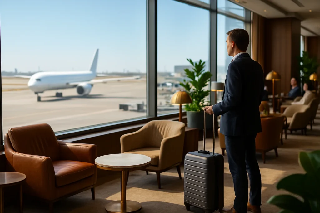 Home A man in a suit stands with a suitcase in an airport lounge, representing credit card points, airline miles, and luxury travel rewards. The stylish space, likely accessed with airline miles or credit card benefits, features comfortable chairs, tables, and lush indoor plants.