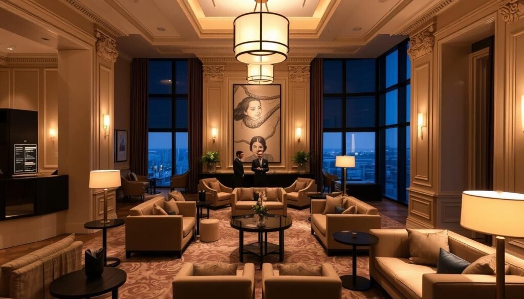 A modern, elegantly furnished lounge space with plush seating arrangements, warm lighting, and discreet service stations. The room is bathed in a soft, inviting ambiance, creating an exclusive atmosphere for elite hotel members. Ornate architectural details, such as decorative moldings and high ceilings, add a touch of refined luxury. Large windows offer panoramic views of the surrounding cityscape, blending the indoor and outdoor environments. Subtle, muted color palettes and high-end furnishings evoke a sense of refined sophistication. Professional, attentive staff members cater to the needs of guests, ensuring a seamless and comfortable experience.
