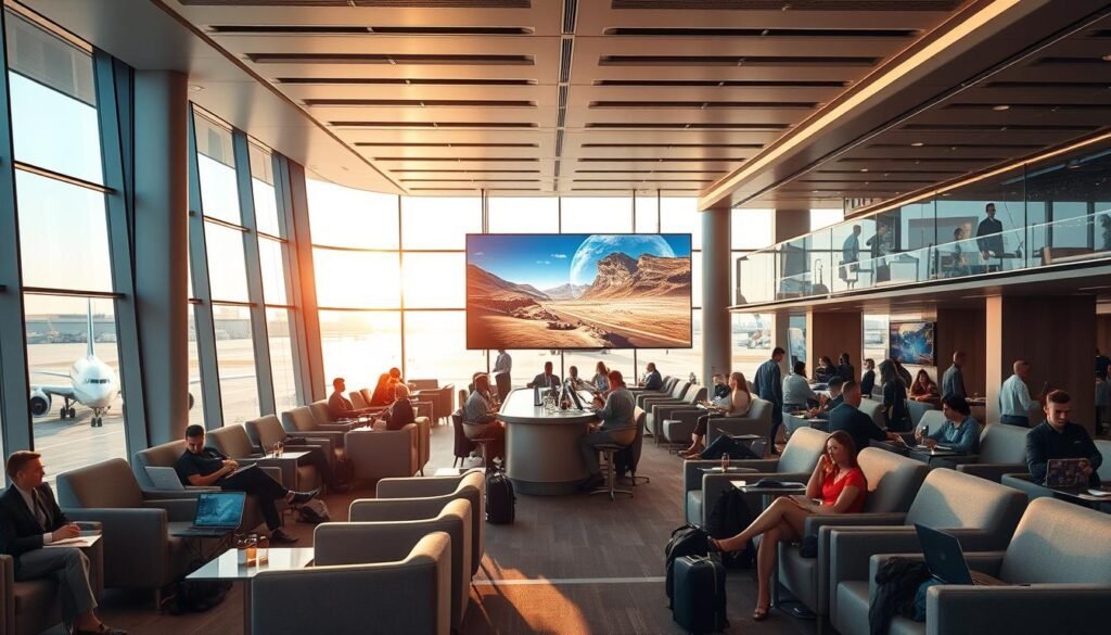 A modern, well-appointed airport lounge in the year 2025. The spacious, airy interior is bathed in warm, natural lighting from floor-to-ceiling windows overlooking the tarmac. Plush, ergonomic seating in neutral tones invites travelers to relax. A central bar offers a selection of high-end beverages and light snacks. In the background, a digital art display showcases a dynamic, ever-changing visual landscape. The atmosphere is calm and sophisticated, reflecting the elevated travel experience of the future. A mixture of business professionals and leisure travelers populate the lounge, each engaged in their own activities - working on laptops, reading, or simply gazing out at the bustling airport activity beyond.