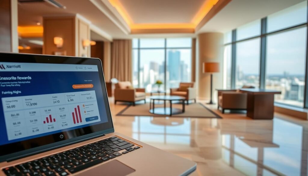 A serene hotel lobby with warm lighting and a polished marble floor. In the foreground, a laptop screen displays a Marriott Rewards dashboard, highlighting consecutive nights accumulated for an upcoming stay. The middle ground features plush armchairs and a coffee table, conveying a sense of relaxation and comfort. In the background, a large window offers a view of a bustling city skyline, suggesting the convenience and accessibility of the hotel. The overall scene evokes a feeling of seamless travel experiences and the rewards of loyal patronage.