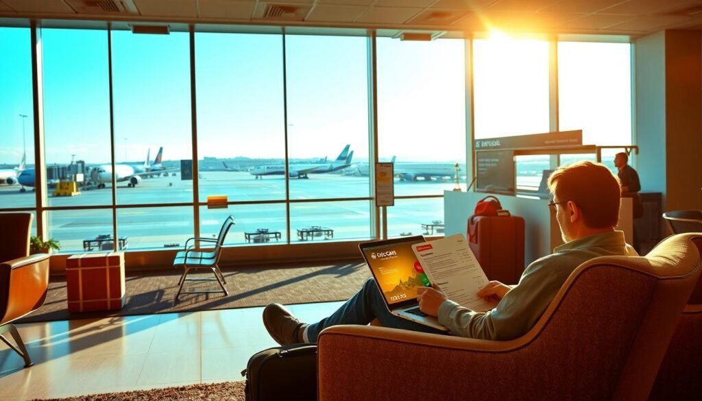 A vibrant, sun-drenched scene of a cozy airport lounge. In the foreground, a traveler sits comfortably in a plush chair, laptop open, reviewing credit card reward statements. The middle ground features a sleek, modern check-in counter, with airline logos and holiday-themed decor. In the background, a panoramic view of the tarmac, with planes taking off and landing against a backdrop of a clear, azure sky. Warm, diffused lighting creates a relaxed, inviting atmosphere, emphasizing the strategic and rewarding nature of holiday travel planning.