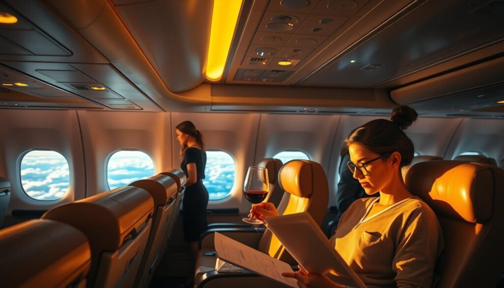 A well-appointed cabin with plush leather seating, overhead compartments, and sophisticated lighting. The scene is bathed in a warm, golden glow, creating a sense of comfort and exclusivity. In the foreground, a passenger reviews travel documents and sips a glass of fine wine, while the middle ground showcases a stewardess attending to their needs. The background reveals the cabin's panoramic windows, offering a breathtaking view of the clouds and the horizon beyond. The overall atmosphere conveys the premium experience of booking a coveted award seat.
