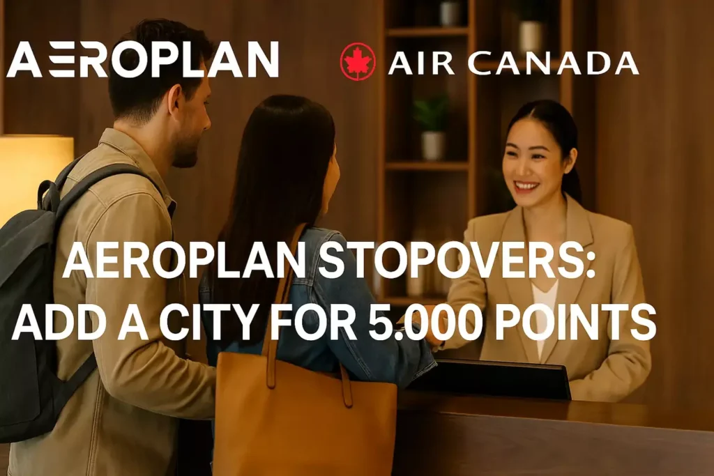A smiling hotel receptionist greets a man and woman at the front desk. Text reads: “Aeroplan Stopovers: Add a City for 5,000 points.” Aeroplan and Air Canada logos appear at the top.