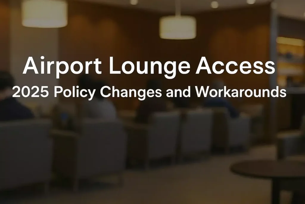 Text on a blurred image of people sitting in an airport lounge reads: Lounge access—2025 policy changes and workarounds. Warm lighting and comfortable seating set the scene for updates about future airport lounge access.