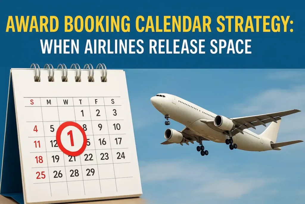 A calendar with a date circled in red is in the foreground, and an airplane takes off against a blue sky in the background. Text above reads: Award Booking Calendar Strategy: When Airlines Release Award Seats.