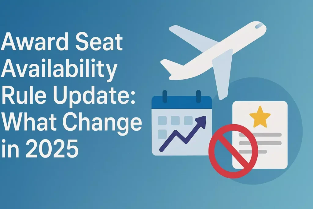 Graphic with an airplane, a calendar showing an upward trend, and a document with a star and prohibition symbol. Text: Business class Award Seat Availability Rule Update—Why Award Seat Availability Rule Changed in 2025, affecting days before departure.