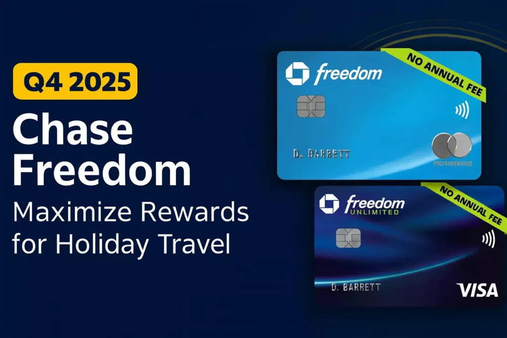 Two Chase credit cards, Freedom and Freedom Unlimited, with No Annual Fee banners, are shown on a dark blue background. Text reads: “Chase Freedom Q4 2025 Categories: Maximize Rewards for Holiday Travel – earn on $500 combined spending.”.