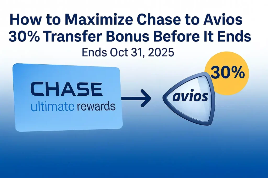 Graphic with text: “How to Maximize Chase to Avios 30% Transfer Bonus Before It Ends. Ends Oct 31, 2025.” Shows a Chase Ultimate Rewards card pointing to an Avios symbol with “30%” inside a yellow circle. Use your rewards points wisely!.