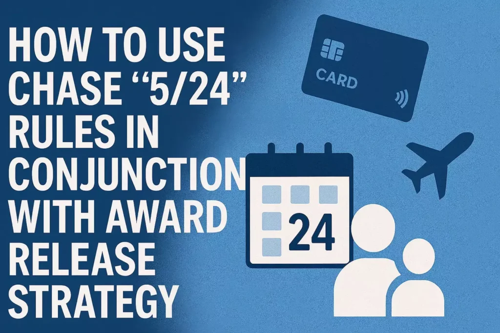 Text reads How to Use Chase “5/24” Rules in Conjunction with Award Release Strategy, including tips for maximizing Southwest Rapid Rewards or Rapid Rewards Plus points. Icons of a credit card, calendar marked 24, two people, and an airplane on a blue background.