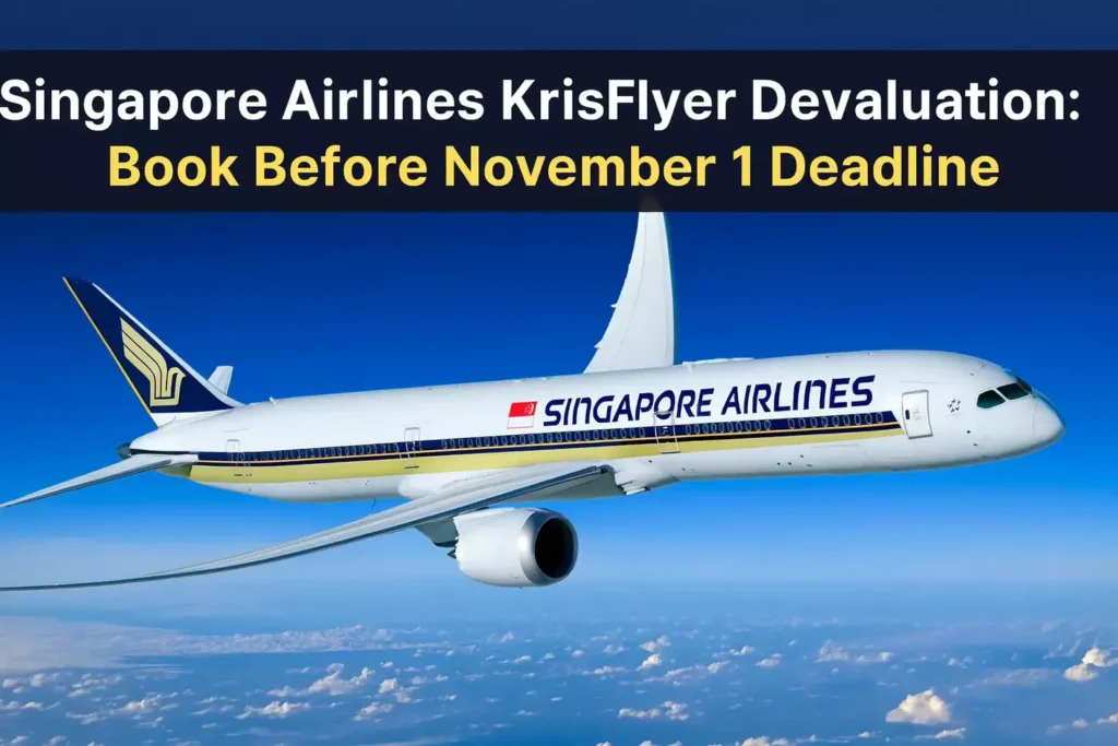 A Singapore Airlines jet in flight with text above stating, Singapore Airlines KrisFlyer Devaluation: Book Before November 1 Deadline—act now to secure your redemption rates for travel through October 2025.