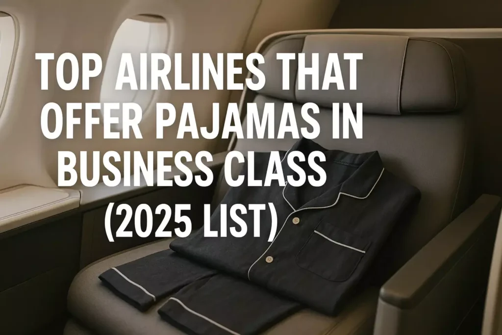 A business class airplane seat with folded pajamas on it. Overlaid text reads: Top airlines, like Emirates Business Class and Qatar Airways, that offer pajamas to business class passengers (2025 list).