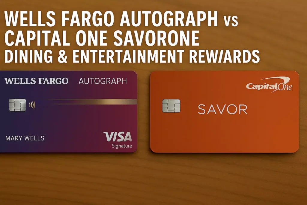 Two rewards credit cards on a wooden surface: Wells Fargo Autograph vs Capital One SavorOne—explore their dining and entertainment benefits. Wells Fargo Autograph card on the left, Capital One Savor card on the right.