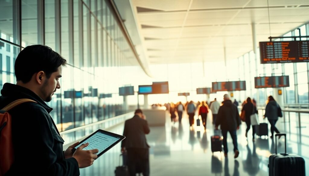 A crisp, sunlit airport terminal with sleek glass walls and modern architecture. In the foreground, a traveler studying a flight itinerary, their face lit by the glow of a tablet. In the middle ground, a crowd of passengers walking purposefully towards their gates, luggage in hand. The background features rows of departure boards displaying flight details, with a sense of movement and efficiency. The lighting is clean and bright, conveying a sense of energy and anticipation. The overall scene captures the benefits of positioning flights, with the traveler accessing valuable information and navigating the terminal seamlessly.