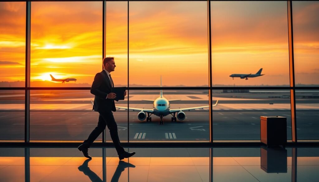 A sleek, modern business airport terminal with floor-to-ceiling windows overlooking a busy tarmac. Jetliners glide gracefully onto the runway, silhouetted against a vibrant sunset sky. In the foreground, a well-dressed executive strides purposefully through the terminal, laptop in hand, reflecting the fast-paced, global nature of contemporary business travel. Indirect lighting casts a warm glow, creating a sense of efficiency and professionalism. The overall scene conveys the dynamism, connectivity, and cosmopolitan spirit of the modern business travel experience.