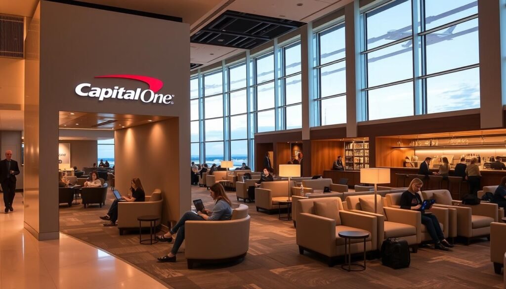 A spacious, modern lounge with plush seating and warm lighting. The entrance features a sleek, minimalist design with the Capital One logo prominently displayed. Inside, the lounge has a stylish, sophisticated ambiance, with high ceilings, large windows offering scenic views, and contemporary furnishings in neutral tones. Travelers relax on comfortable sofas and armchairs, some working on laptops while others enjoy complimentary refreshments from the well-stocked bar. The atmosphere is calm and inviting, catering to the needs of weary passengers seeking a comfortable respite from their journey.