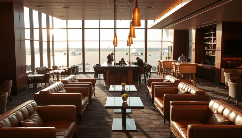 A stylish and modern airport lounge, filled with an atmosphere of sophistication and comfort. The foreground features plush leather seating arrangements, accented by sleek wooden tables and minimalist decor. The middle ground showcases a central bar area, with bartenders skillfully crafting cocktails under the warm glow of pendant lighting. In the background, floor-to-ceiling windows offer a panoramic view of the bustling airport tarmac, bathed in the soft, natural light of the afternoon sun. The overall scene conveys a sense of relaxation and exclusivity, befitting the premium experience expected from the Capital One VentureX Lounge.