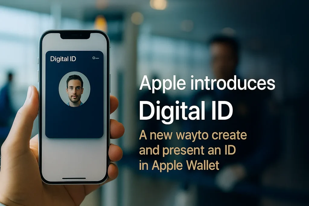 A hand holds an iPhone displaying a digital ID with a man's photo. Text beside the phone reads: Apple introduces Digital ID—a new way to create and present an ID in Apple Wallet, coming soon to iPhone and Apple Watch.