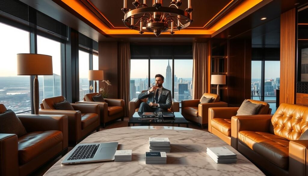 A sleek, modern business traveler's lounge with plush leather armchairs, a marble-topped coffee table, and an elaborate chandelier overhead. Soft, warm lighting creates a cozy, upscale ambiance. In the foreground, a laptop and a stack of business cards rest on the table, symbolizing the productive side-hustle work being done. In the middle ground, a well-dressed business traveler relaxes with a glass of whiskey, taking a break from their entrepreneurial endeavors. The background features floor-to-ceiling windows offering a panoramic view of a bustling cityscape, hinting at the luxurious travel experiences made possible by savvy business credit card rewards.