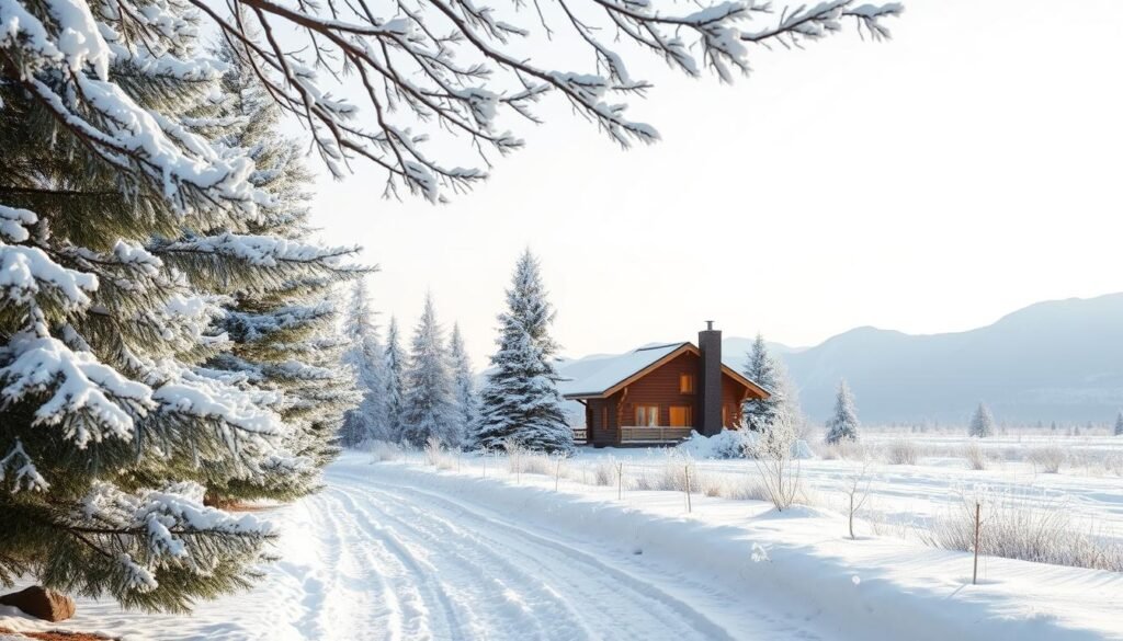 A serene winter landscape with gentle snow blanketing the ground and tree branches. In the foreground, a tranquil pathway lined with frosted pine trees invites travelers to explore. In the middle ground, a quaint wooden cabin with smoke curling from the chimney is nestled among the trees, its windows aglow with warm light, suggesting a cozy retreat after the holiday rush. In the background, soft blue mountains rise against a pale sky, hinting at adventures waiting beyond. The scene is illuminated by soft, diffused sunlight, casting long, gentle shadows that enhance the stillness and peaceful atmosphere. This idyllic winter travel scenario captures the essence of post-holiday relaxation and exploration.