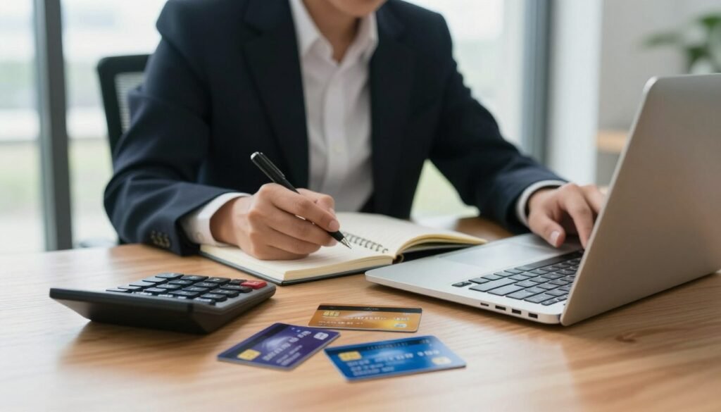 A sophisticated office setting featuring a professional looking at a credit card benefits evaluation on a laptop. In the foreground, a neatly organized desk with a calculator, notepad, and several credit cards laid out for comparison. The middle ground shows the professional, dressed in smart business attire, deeply focused and taking notes. The background offers a blurred view of large windows, allowing natural soft light to illuminate the scene, creating a productive and thoughtful atmosphere. The image should capture a sense of contemplation, with warm tones enhancing the feeling of a serious financial decision-making process. The angle is slightly tilted from above, emphasizing the comparison of the credit cards and the evaluation process.