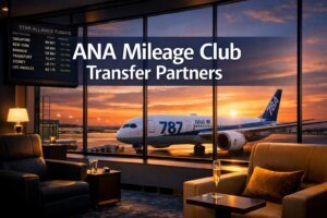 A luxurious airport lounge at sunset overlooks an ANA 787, highlighting ANA Mileage Club Transfer Partners. A departure board and comfortable seating with drinks complete the inviting scene.