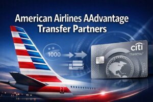 American Airlines AAdvantage Transfer Partners An American Airlines plane tail, a Citi ThankYou credit card, and transfer icons appear with the text: “American Airlines AAdvantage Transfer Partners.” Earn rewards and enjoy seamless points transfers with AAdvantage transfer partners.