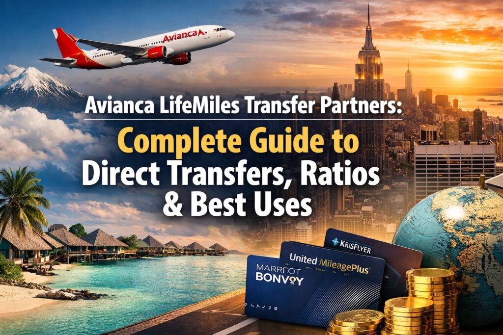 Avianca LifeMiles Transfer Partners An Avianca airplane soars over tropical and city views, with travel credit cards and LifeMiles reward program cards in front. Text: “Avianca LifeMiles Transfer Partners: Complete Guide to Direct Transfers, Ratios & Best Uses.”.