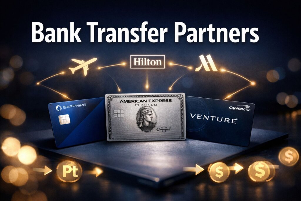 Three credit cards—Chase Sapphire, Amex Platinum, and Capital One Venture—are displayed under the Bank Transfer Partners text, alongside Hilton and Marriott logos. Airplane icons and symbols illustrate how points from these cards convert into dollars below.