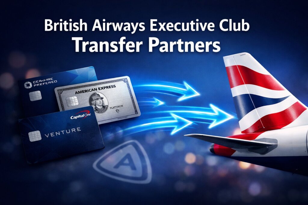 Image shows credit cards from American Express, Capital One, and Chase with blue arrows pointing toward the tail of a British Airways plane. Text reads: British Airways Executive Club Transfer Partners for maximizing your Avios rewards.