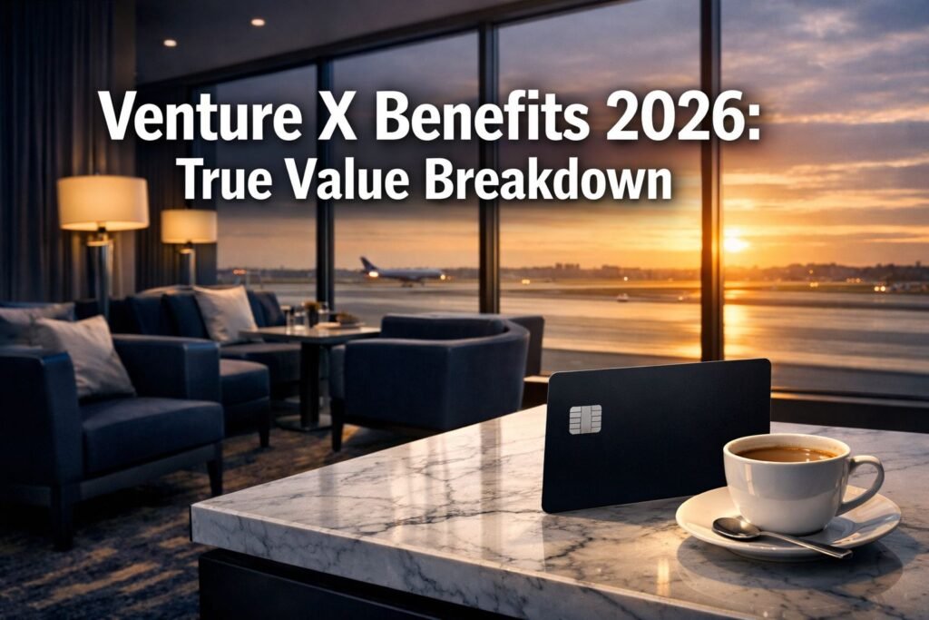 A luxurious airport lounge at sunset with a marble table, coffee cup, credit card, and runway view. Text reads, &ldquo;Venture X Benefits 2026: True Value Breakdown.&rdquo;.