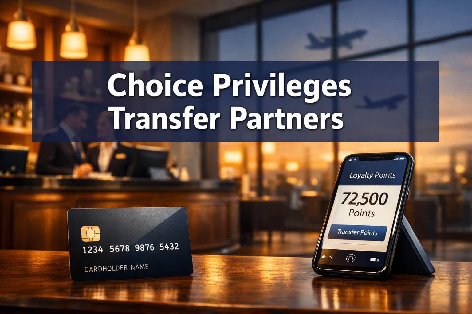 Professional landscape format (1536x1024) hero image featuring bold text overlay 'Choice Privileges Transfer Partners' in extra large 72pt w