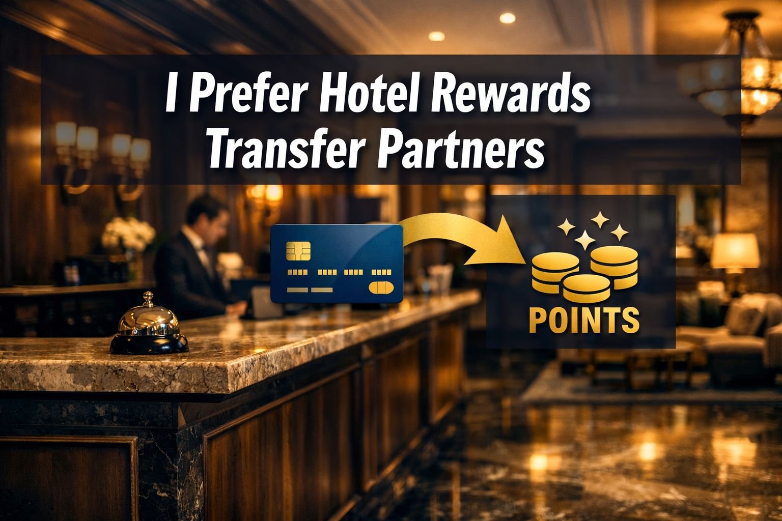 Professional landscape format (1536x1024) hero image featuring bold text overlay 'I Prefer Hotel Rewards Transfer Partners' in extra large 7