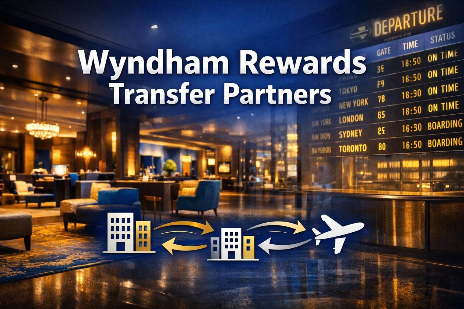 Wyndham Rewards Transfer Partners Professional landscape format (1536x1024) hero image featuring bold text overlay 'Wyndham Rewards Transfer Partners' in extra large 72pt whi
