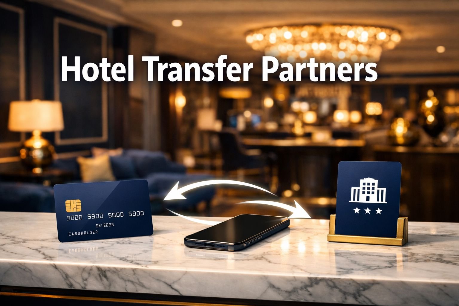 Professional landscape format (1536x1024) hero image featuring bold text overlay 'Hotel Transfer Partners' in extra large 72pt white bold sa