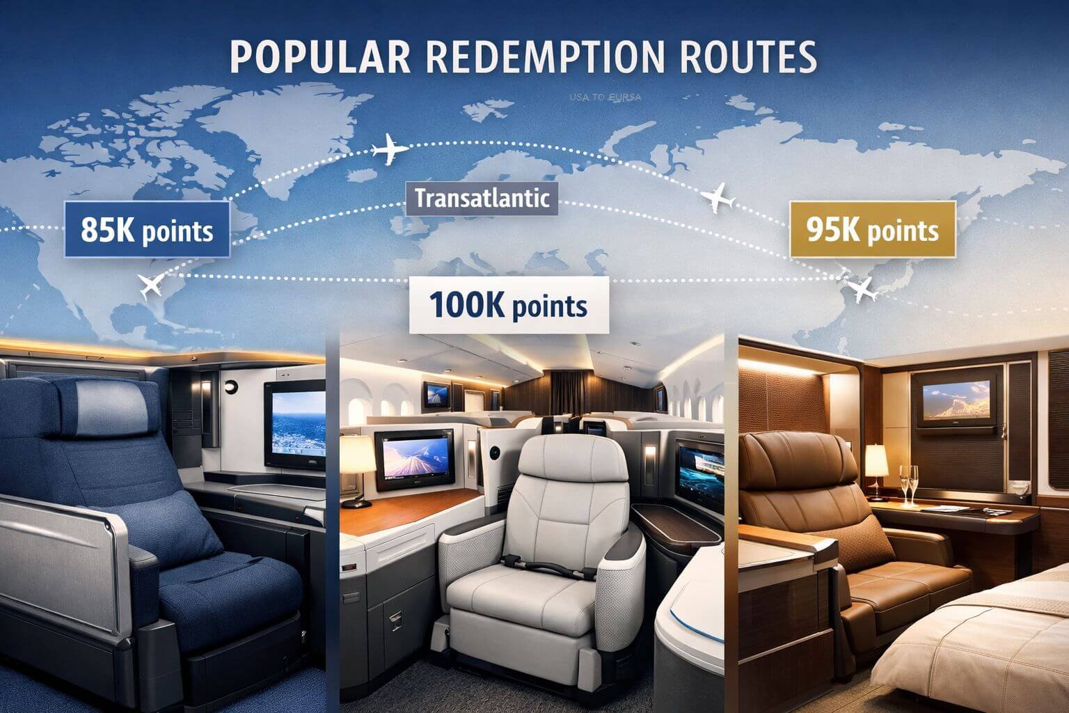 Best Use of 100,000 Points: Transfer Partner Value Comparison 2026 Detailed infographic-style image showing business class cabin interior with route map overlay displaying popular redemption routes (US to Eu