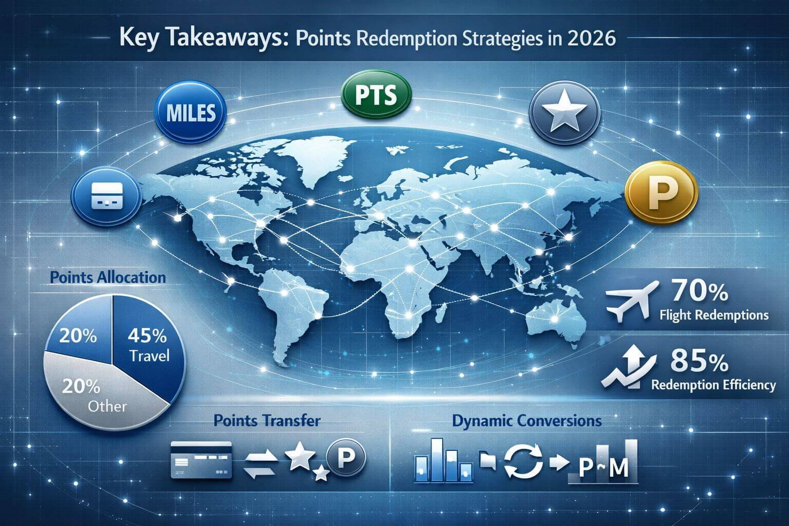 Infographic-style visual for 'Key Takeaways' section representing points redemption strategies in 2026. Central graphic showing a stylized w