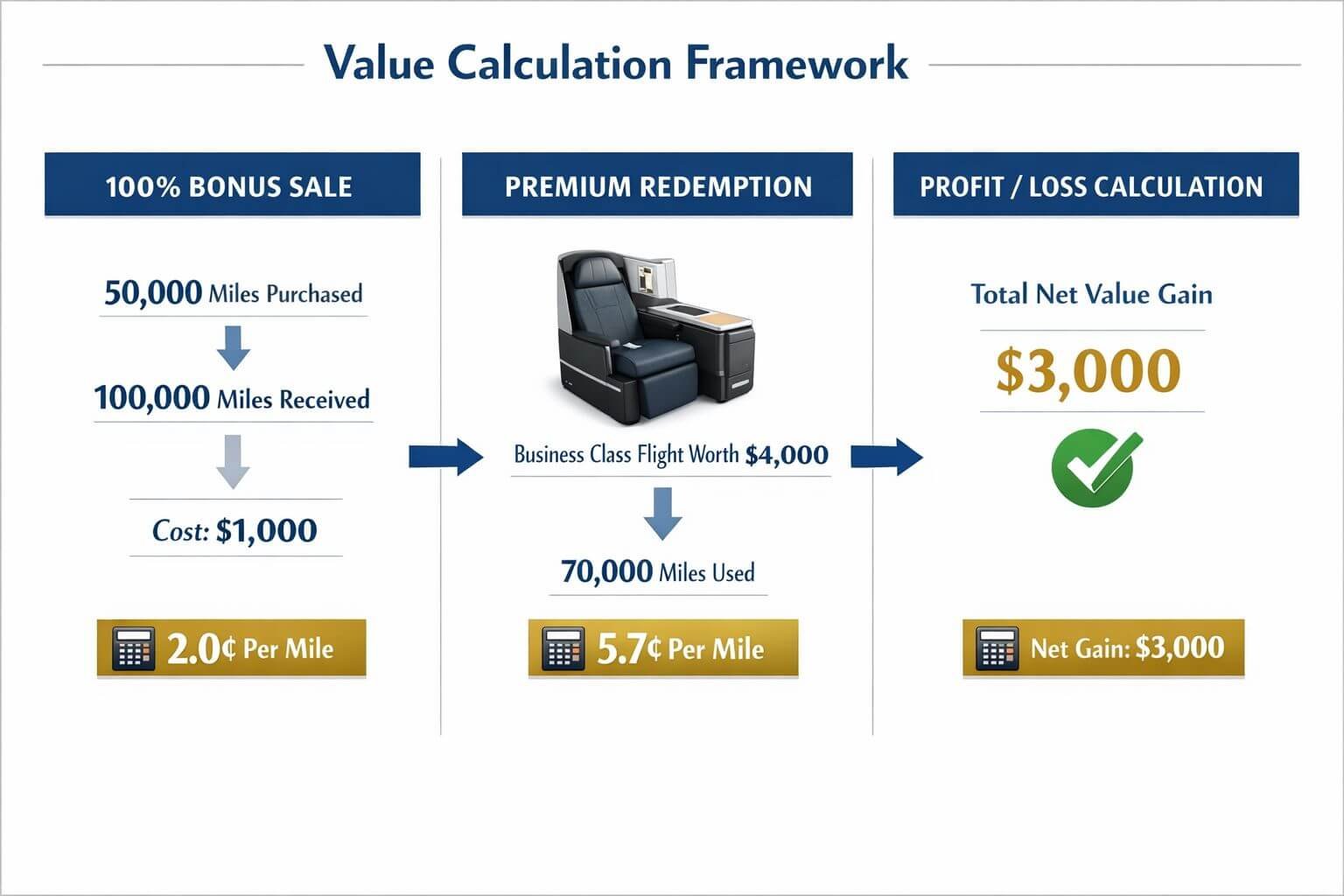 Should you buy airline miles during bonus sales in 2026? Landscape format (1536x1024) infographic showing value calculation framework with three columns comparing purchase scenarios. Left column: '