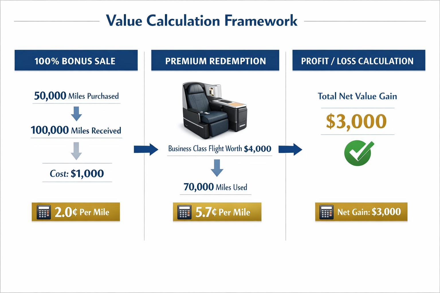 Should you buy airline miles during bonus sales in 2026? Landscape format (1536x1024) infographic showing value calculation framework with three columns comparing purchase scenarios. Left column: '