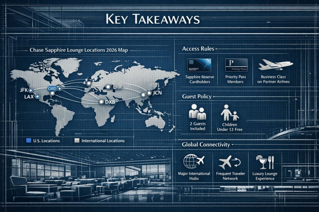 Chase Sapphire Lounge Locations 2026: Access Rules + Guest Policy Key Takeaways section infographic featuring modern airport lounge architectural blueprint style, overlaid with crisp data visualization show